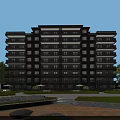 Modern Residential Building Exterior With Balconies Surrounded By Greenery Trees And Lawn