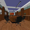 Spacious Meeting Room Interior With Wooden Walls Conference Table Black Chairs And Landscape Paintings