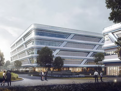 Modern Industrial Factory With Multistorey Structure And Large Glass Windows Surrounded By Trees And People 3d model