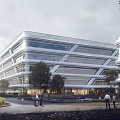 Modern Industrial Factory With Multistorey Structure And Large Glass Windows Surrounded By Trees And People