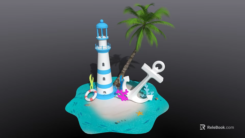 Nautical Ocean Scene With Blue Lighthouse Palm Tree Anchor And Starfish 3d model 