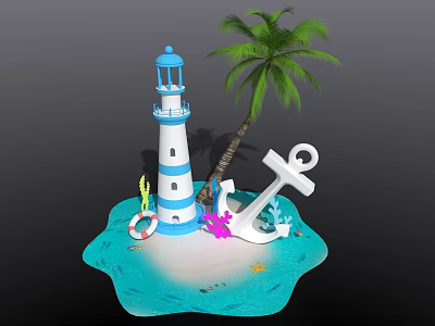 Nautical Ocean Scene With Blue Lighthouse Palm Tree Anchor And Starfish 3d model