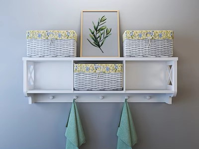 White Wall Mounted Storage Shelf With Woven Baskets Yellow Floral Green Leaf Art And Hooks 3d model