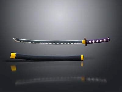 Traditional Samurai Sword Weapon With Wavy Blade Purple Yellow Hilt And Black Scabbard 3d model