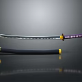 Traditional Samurai Sword Weapon With Wavy Blade Purple Yellow Hilt And Black Scabbard