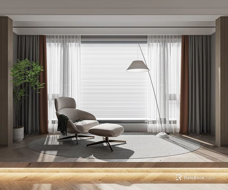 Layered Sheer Curtain in Modern Living Interior With Floor Lamp Armchair And Green Plant 3d model 