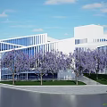 Modern Museum Building with Geometric Architectural Design and Purple Flower Gardens