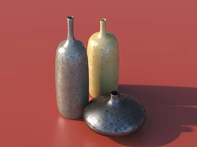 Dinnerware Set With Three Bottles In Different Colors And Various Shapes On Red Background 3d model