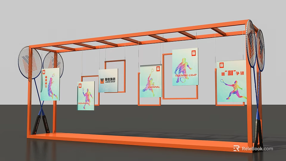 Vibrant Photo Check In Spot With Orange Frame Structure Sporty Figure Posters And Badminton Rackets 3d model 