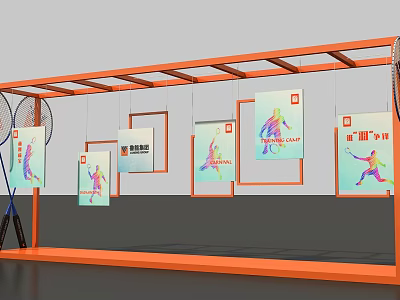 Vibrant Photo Check In Spot With Orange Frame Structure Sporty Figure Posters And Badminton Rackets 3d model