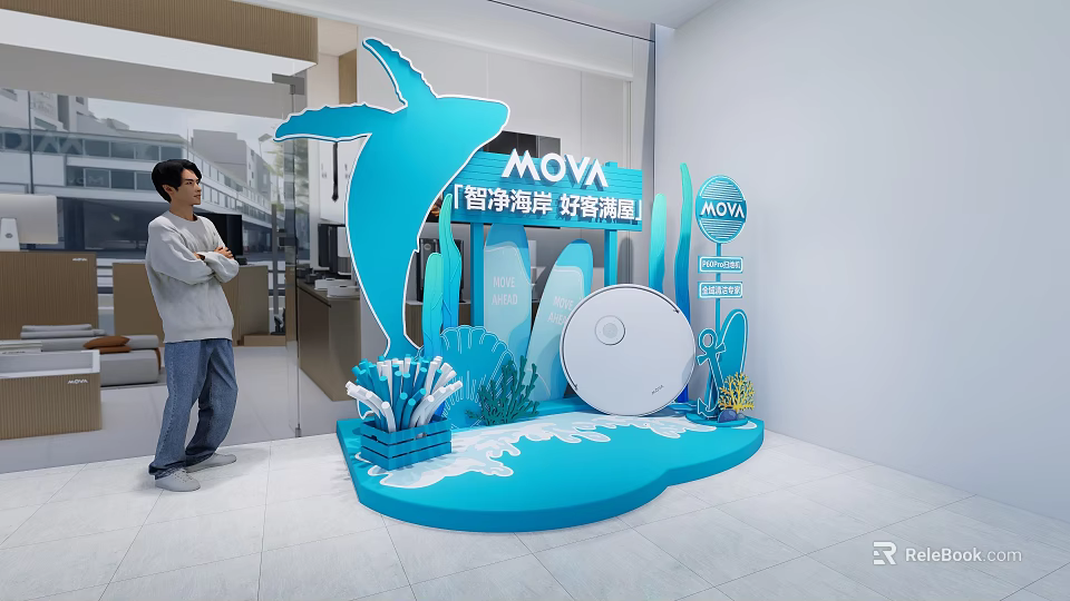 Blue Ocean Themed Photo Check in Spot With Moya Dolphin Coral And Waves 3d model 