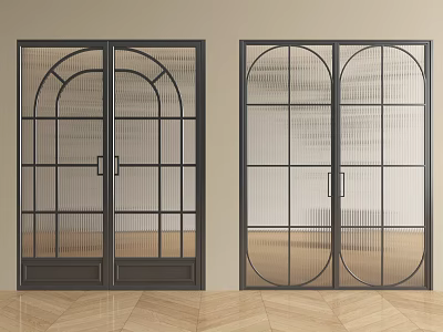 Modern Black Frame Double Doors With Arched And Rectangular Grid Glass Panels 3d model