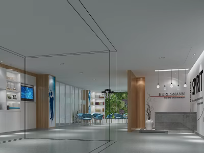 Modern Front Desk Reception Area With Stylish Desk Waiting Seats And Green Plants Decor 3d model