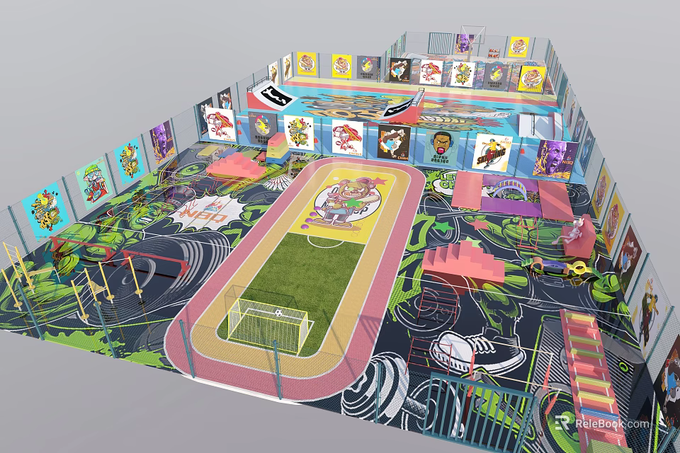 Vibrant Indoor Playground Featuring Colorful Walls Running Track Soccer Field And Climbing Structures 3d model 