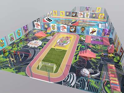 Vibrant Indoor Playground Featuring Colorful Walls Running Track Soccer Field And Climbing Structures 3d model