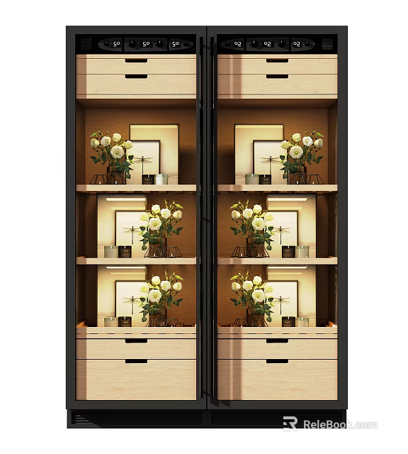 Modern Display Cabinet with Glass Doors and Decorative Shelves Featuring Flower Vases and Photo Frames 3d model 