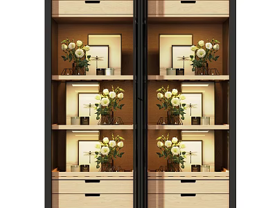 Modern Display Cabinet with Glass Doors and Decorative Shelves Featuring Flower Vases and Photo Frames 3d model