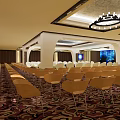 Modern Conference Room With White Chairs Black Long Table Decorative Ceiling And Carpet