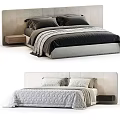 Stylish Double Bed with Light Upholstered Headboard Gray Quilted Bedspread and Dark Nightstand