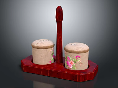 Spice Jars with Pink Floral Patterns and Beige Lids on Red Tray with Handle 3d model
