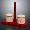 Spice Jars with Pink Floral Patterns and Beige Lids on Red Tray with Handle