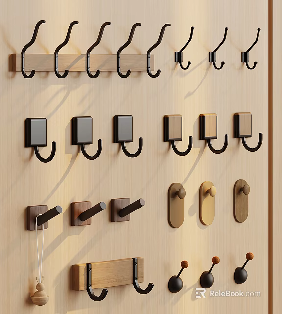Assorted Decorative Hooks On Wooden Wall With Different Designs And Shapes 3d model