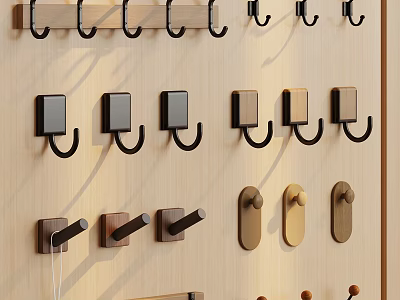 Assorted Decorative Hooks On Wooden Wall With Different Designs And Shapes 3d model