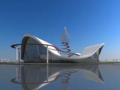 Modern Architectural Building With Unique Curved Structure Spiral Tower Glass Facade And Water Reflection 3d model