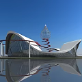 Modern Architectural Building With Unique Curved Structure Spiral Tower Glass Facade And Water Reflection