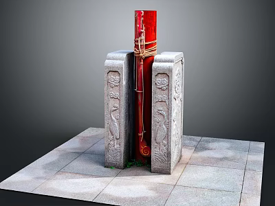 Traditional Stone Carved Furniture With Red Central Column And Ornate Flanking Carved Bases 3d model