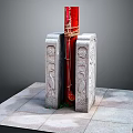 Traditional Stone Carved Furniture With Red Central Column And Ornate Flanking Carved Bases