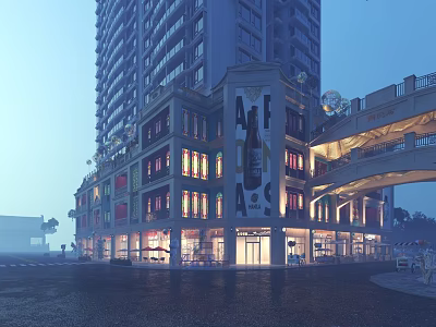 Commercial Street With ART Signage High Rise Building Pedestrian Overpass And Illuminated Storefronts 3d model