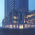 Commercial Street With ART Signage High Rise Building Pedestrian Overpass And Illuminated Storefronts