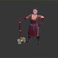 Woman Wearing Red Apron And Gloves Holding Metallic Hammer Standing