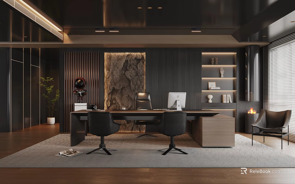 Modern Office Interior With Large Wooden Desk Black Chairs Shelves And Decorative Marble Wall 3d model 
