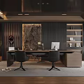 Modern Office Interior With Large Wooden Desk Black Chairs Shelves And Decorative Marble Wall