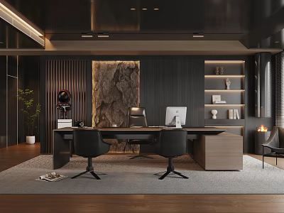 Modern Office Interior With Large Wooden Desk Black Chairs Shelves And Decorative Marble Wall 3d model