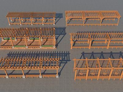 Wooden Pergola Various Designs For Outdoor Garden With Lattice Tops And Support Structures 3d model