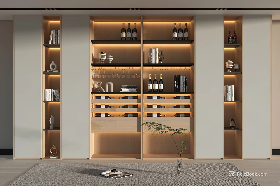 Elegant Modern Wine Cabinet Design With Wine Bottles Glasses Books And Decorative Lighting 3d model 