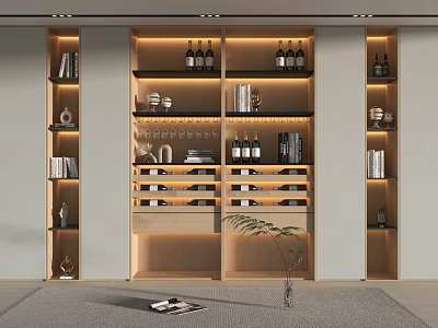 Elegant Modern Wine Cabinet Design With Wine Bottles Glasses Books And Decorative Lighting 3d model