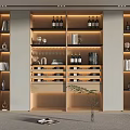 Elegant Modern Wine Cabinet Design With Wine Bottles Glasses Books And Decorative Lighting