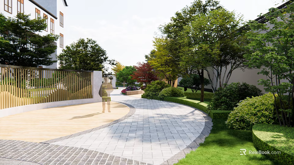 Garden Landscape With Paved Path Green Trees Lawn And Modern Buildings 3d model 