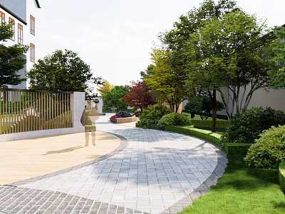 Garden Landscape With Paved Path Green Trees Lawn And Modern Buildings 3d model