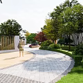 Garden Landscape With Paved Path Green Trees Lawn And Modern Buildings