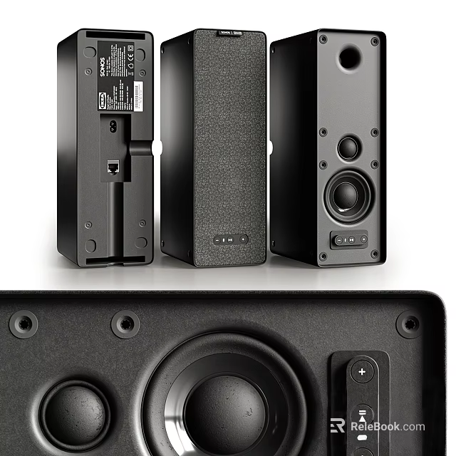 Sleek Modern Black Audio Speakers With Compact Enclosure Control Panel And Subwoofer 3d model 