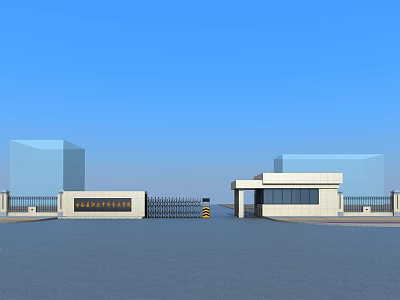 Modern Entrance Gate Design With Metal Fence And Building Structures Under Blue Sky 3d model