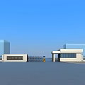 Modern Entrance Gate Design With Metal Fence And Building Structures Under Blue Sky