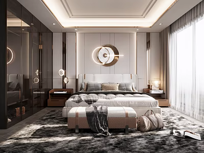 Elegant Modern Bedroom Interior Design With Circular Accent Wall Large Bed Bench Rug And Curtains 3d model