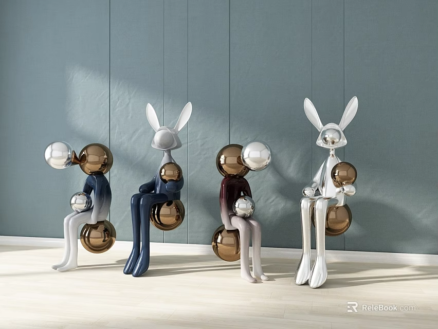 Colorful Rabbit Dolls in Sitting Posture Holding Metallic Balls Against Grey Wall 3d model 
