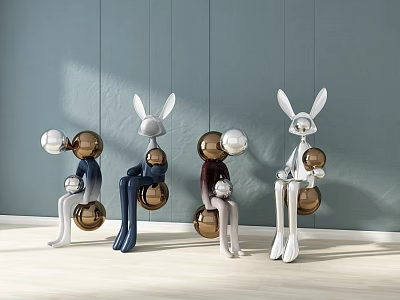 Colorful Rabbit Dolls in Sitting Posture Holding Metallic Balls Against Grey Wall 3d model